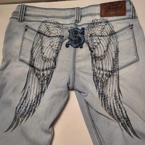 Like New Sinful Affliction with Angel Wings on back. Destressed Jeans Excellent